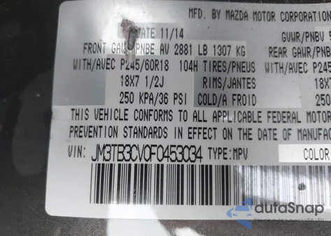 2015 Mazda Cx-9 Touring из США, поврежденный, VIN JM3TB3CV0F0453034